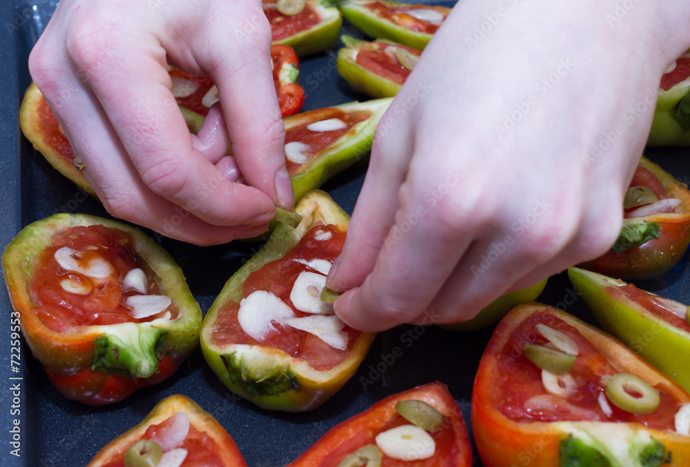 Cooking stuffed peppers for roasting