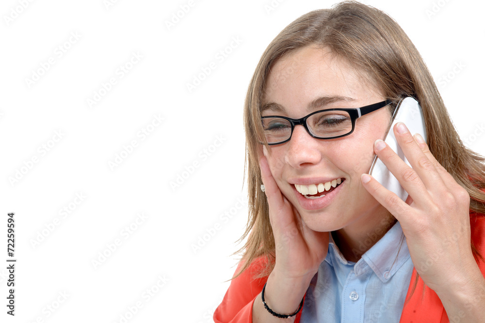 A pretty young secretary uses his mobile phone in his office A pretty young secretary uses his mobile phone in his office