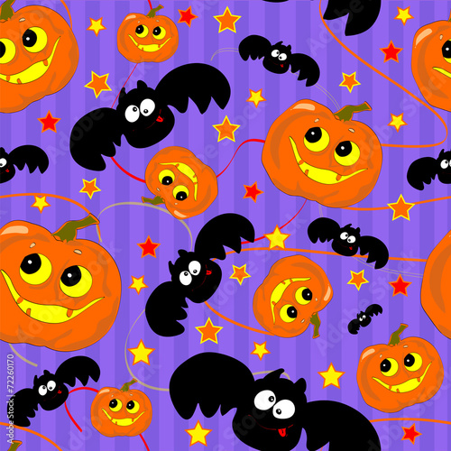 Seamless pattern with funny Halloween pumpkin and bat