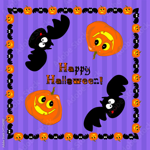 Funny Halloween pumpkin and bat. Illustration, vector