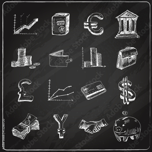 Finance icons set chalkboard