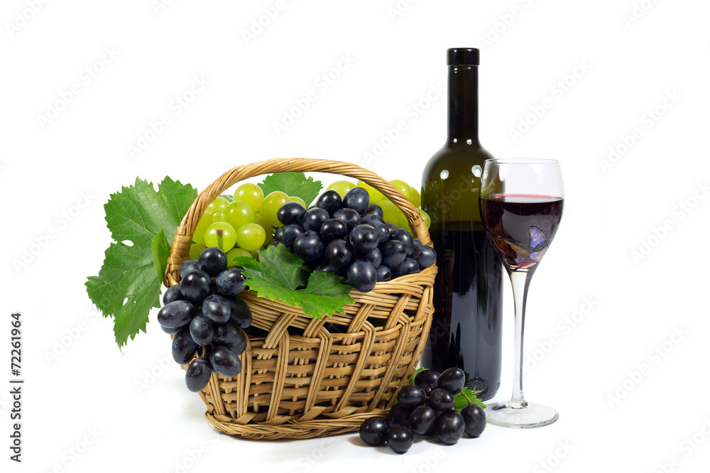 Fresh Grapes in Wicker Basket,Wine Glass Cup and Wine Bottle