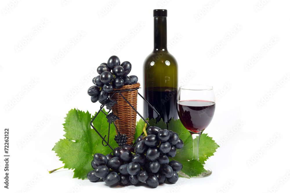 Fresh Grapes ,Wine Glass Cup and Wine Bottle Filled with Wine