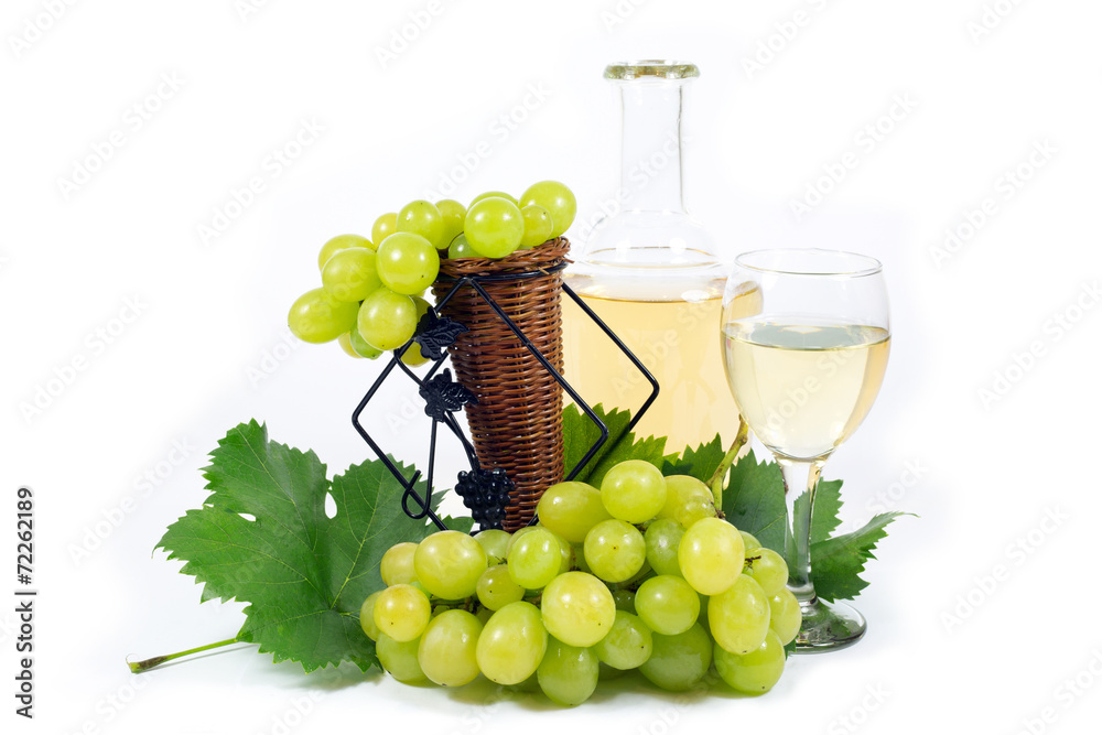 Fresh Grapes,Glass Cup and Bottle Filled with White Wine Fresh Grapes,Glass Cup and Bottle Filled with White Wine