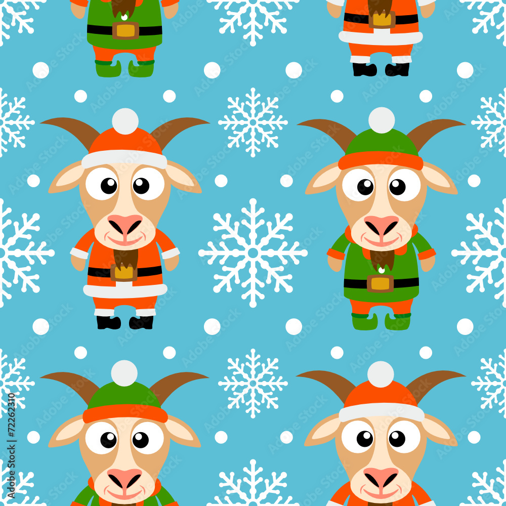 Fototapeta premium New Year seamless card with funny goat santa claus and goat elf