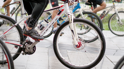 Abstract biking tournament at start line, shot of a group of rac