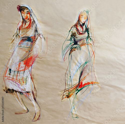 Drawing on paper of two Bulgarian traditional female costumes
