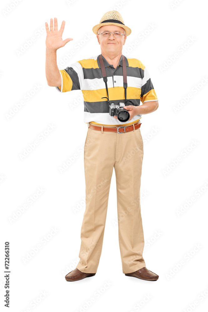 Senior photographer waving with hand