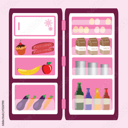 open refrigerator with foods and drinks.  vector illustration