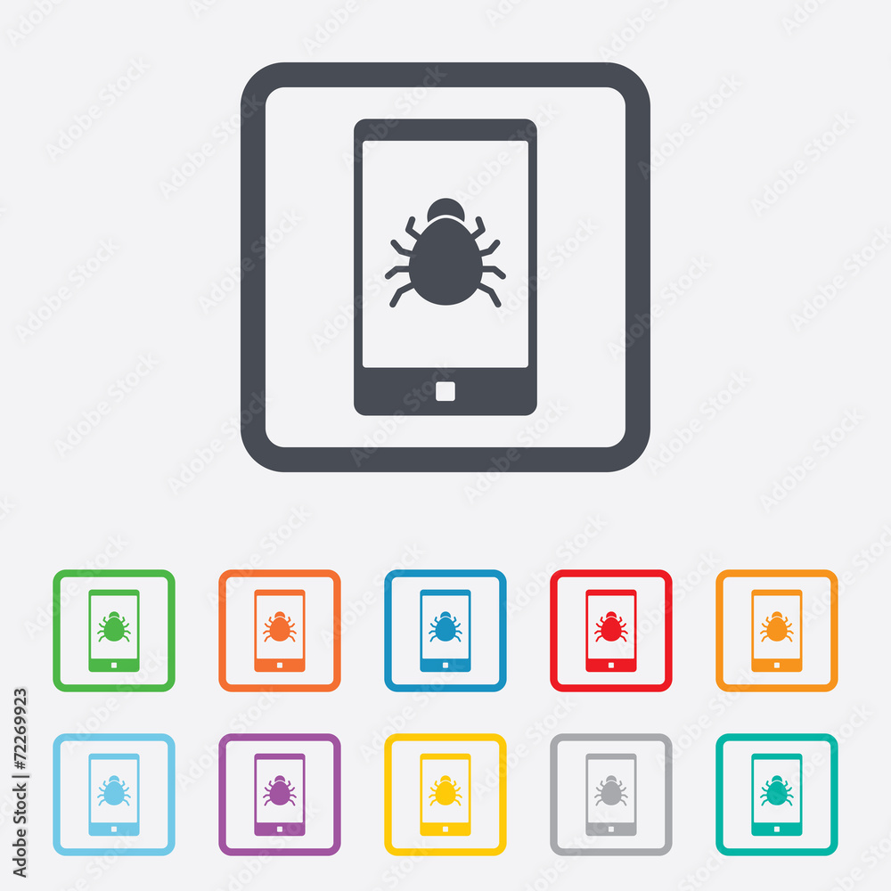 Smartphone virus sign icon. Software bug symbol. Smartphone virus sign icon. Software bug symbol.