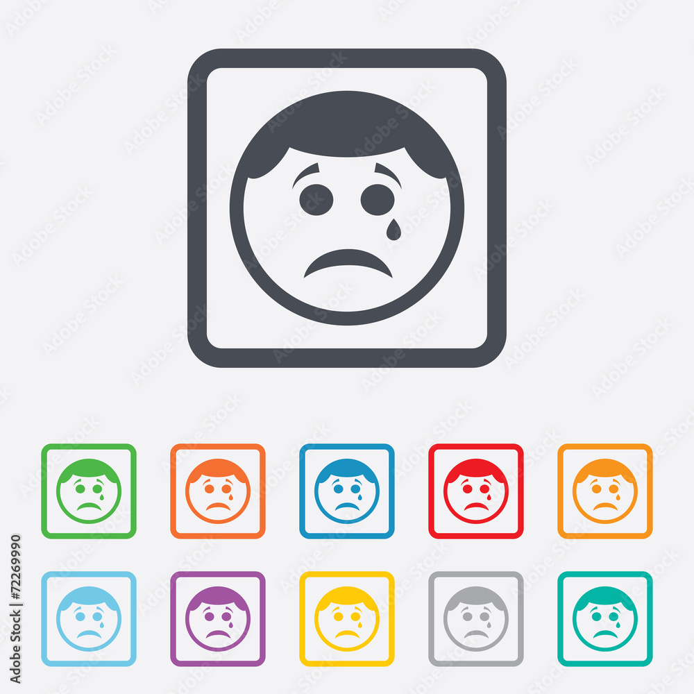 Sad face with tear sign icon. Crying symbol. Sad face with tear sign icon. Crying symbol.