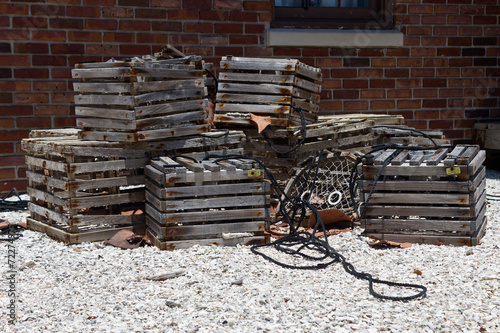 Vintage lobster traps on the shore