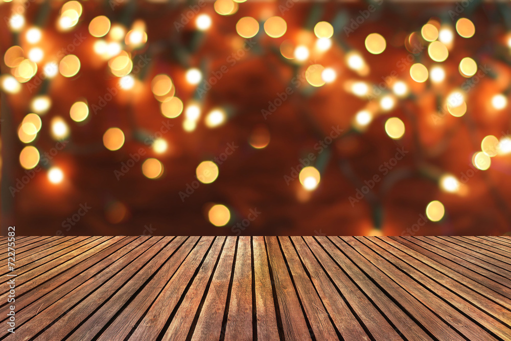 Christmas background with empty wooden deck table