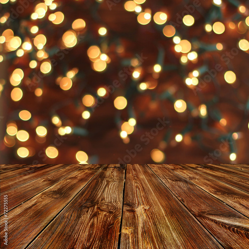 Christmas  background with empty wooden deck table