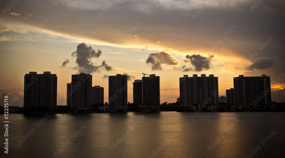 Sunset on condo buildings in Miami, Florida