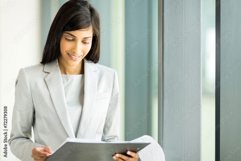 indian businesswoman reading monthly report indian businesswoman reading monthly report