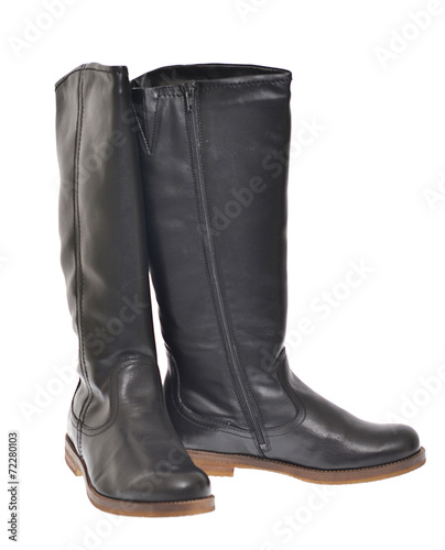 Women's Black Leather Boots Isolated on White Background for