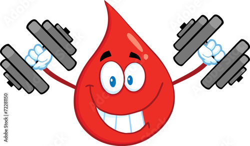 Smiling Red Blood Drop Character Training With Dumbbells