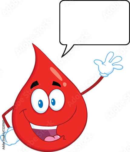 Happy Red Blood Drop Cartoon Character Waving With Speech Bubble