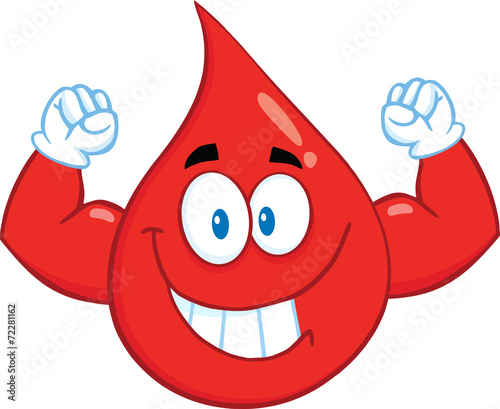 Smiling Red Blood Drop Cartoon Character Showing Muscle Arms