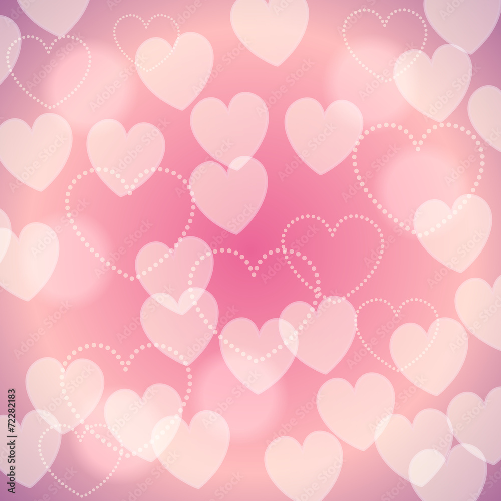 Pink romantic blurred background with bokeh hearts