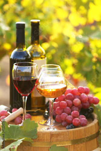 Tasty wine on wooden barrel on grape plantation background