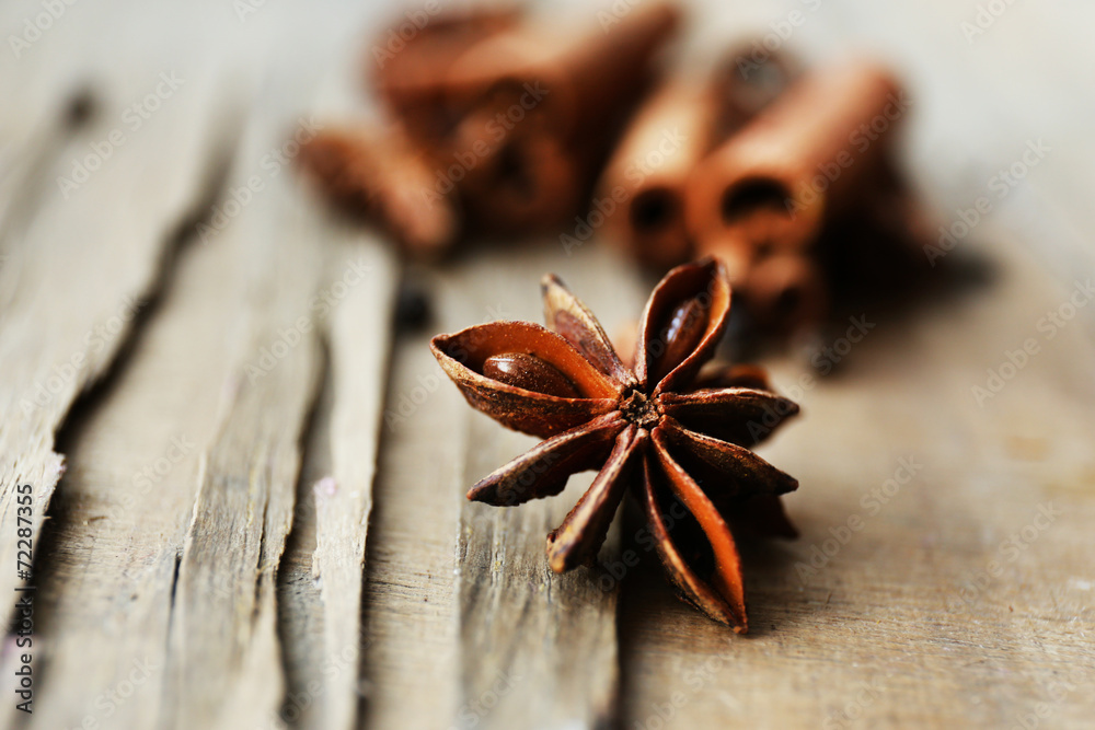 Star anise and cinnamon on wooden background, close-up Star anise and cinnamon on wooden background, close-up