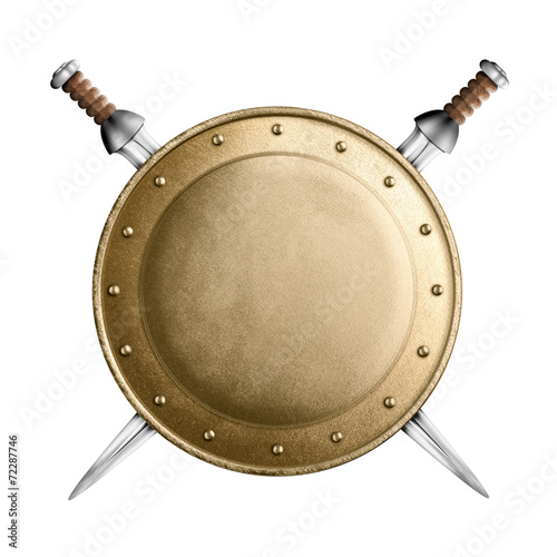 gold or bronze gladiator shield and two crossed swords isolated