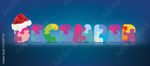 Vector DECEMBER written with alphabet puzzle with christmas hat