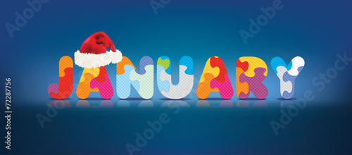 Vector JANUARY written with alphabet puzzle with christmas hat