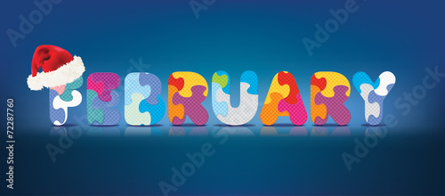 Vector FEBRUARY written with alphabet puzzle with christmas hat