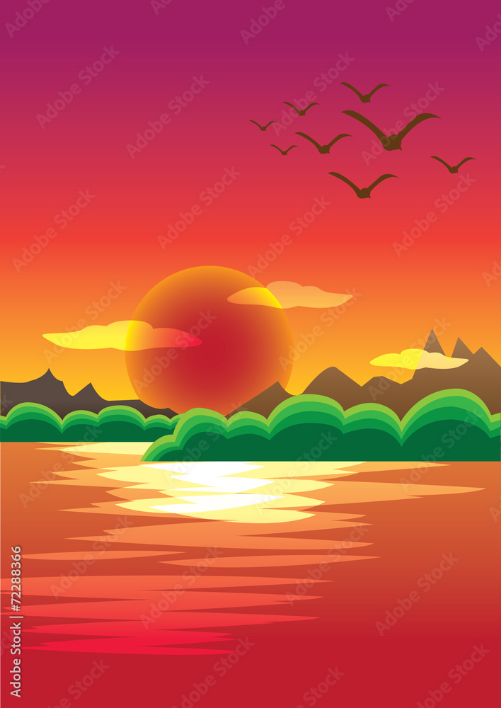 Beautiful Sunset with Red Sky Background and Water Foreground