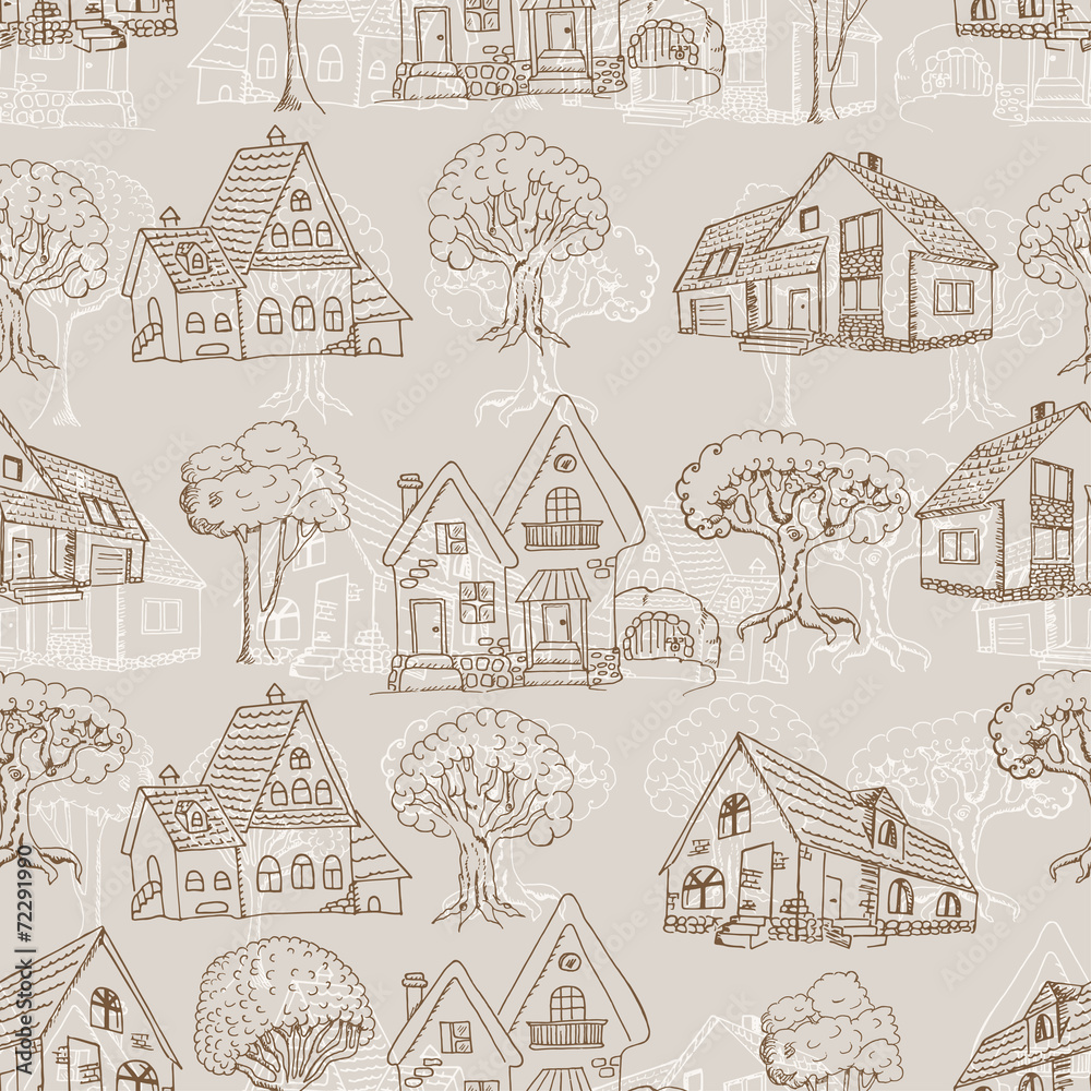 Seamless pattern with many houses and trees