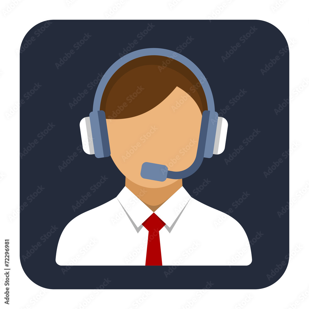 Call Center Operator or Manager with Headset Flat Style Icon.