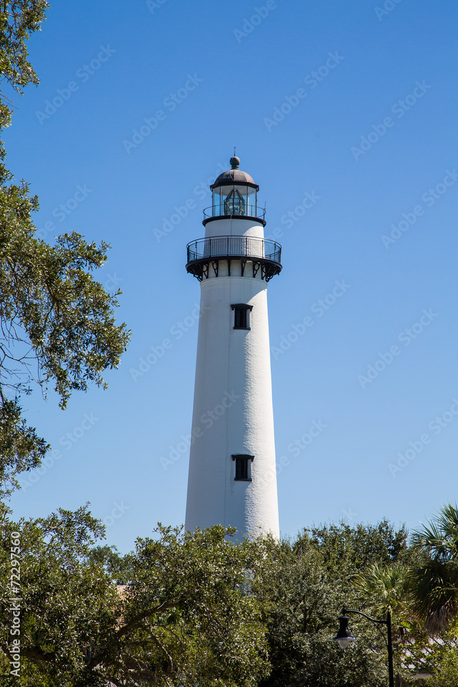 White LIghthouse Beyond Green Trees Under Blue Sky White LIghthouse Beyond Green Trees Under Blue Sky