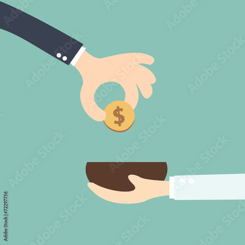 business man with an open hand gives coin to boss