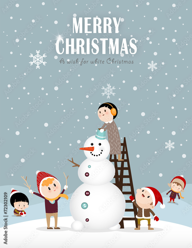 Snowman and kids making a snowman in winter B