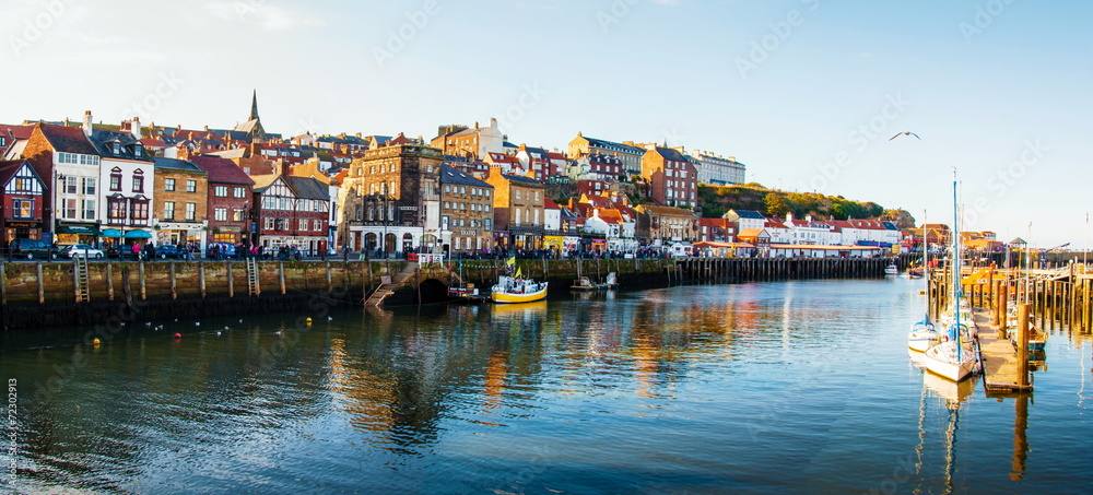 Scenic view of Whitby city in autumn sunny day