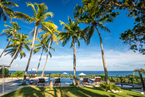 Deckchair lounger with palm trees and infinity pool in Barahona