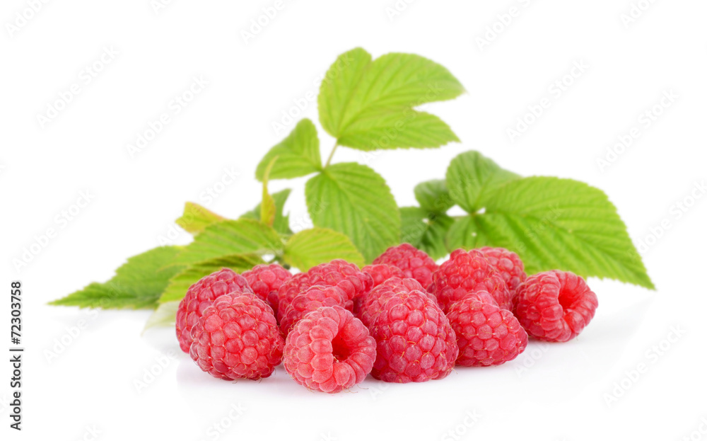 Few raspberries with leaves isolated on white Few raspberries with leaves isolated on white