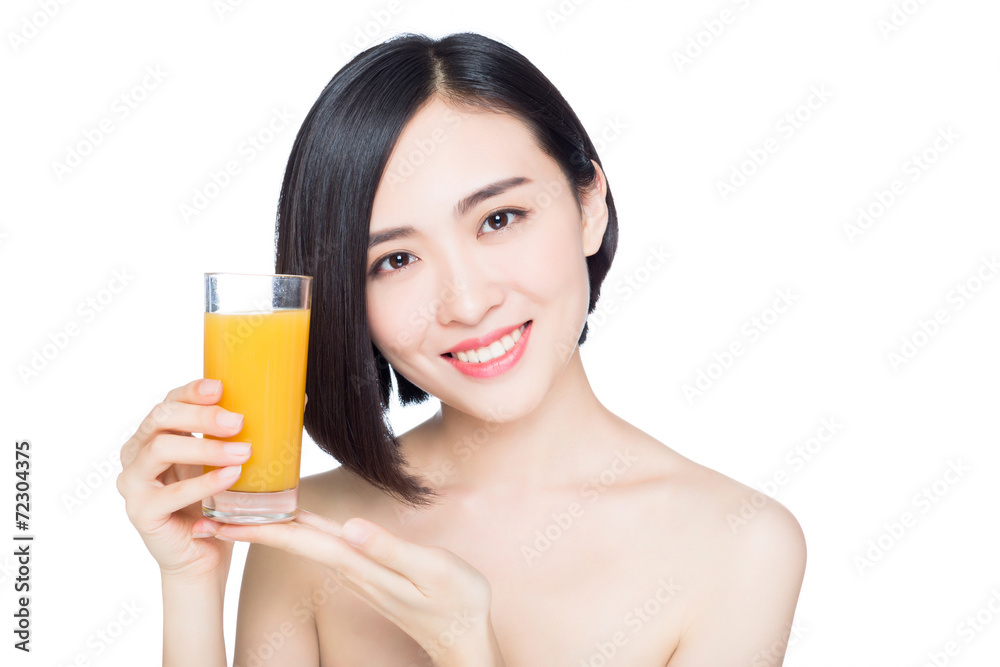 young woman with orange juice, white background young woman with orange juice, white background