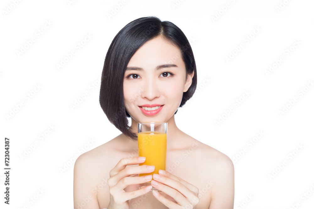 young woman with orange juice, white background young woman with orange juice, white background