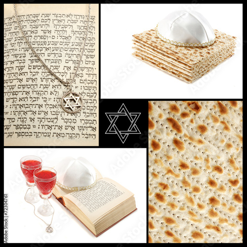 Collage of jewish religious holiday attributes,Torah,Magen David photo