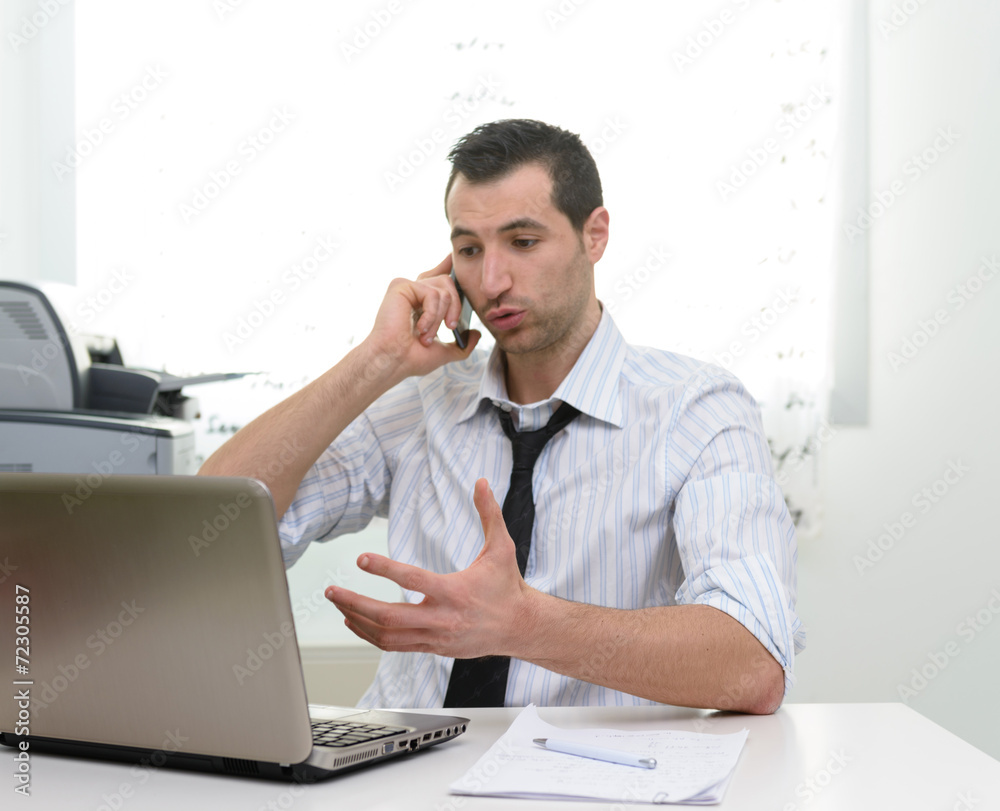 Obraz premium Businessman with laptop talkng on the phone
