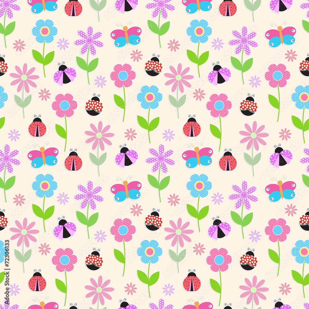 background with colorful flowers, butterflies and ladybug