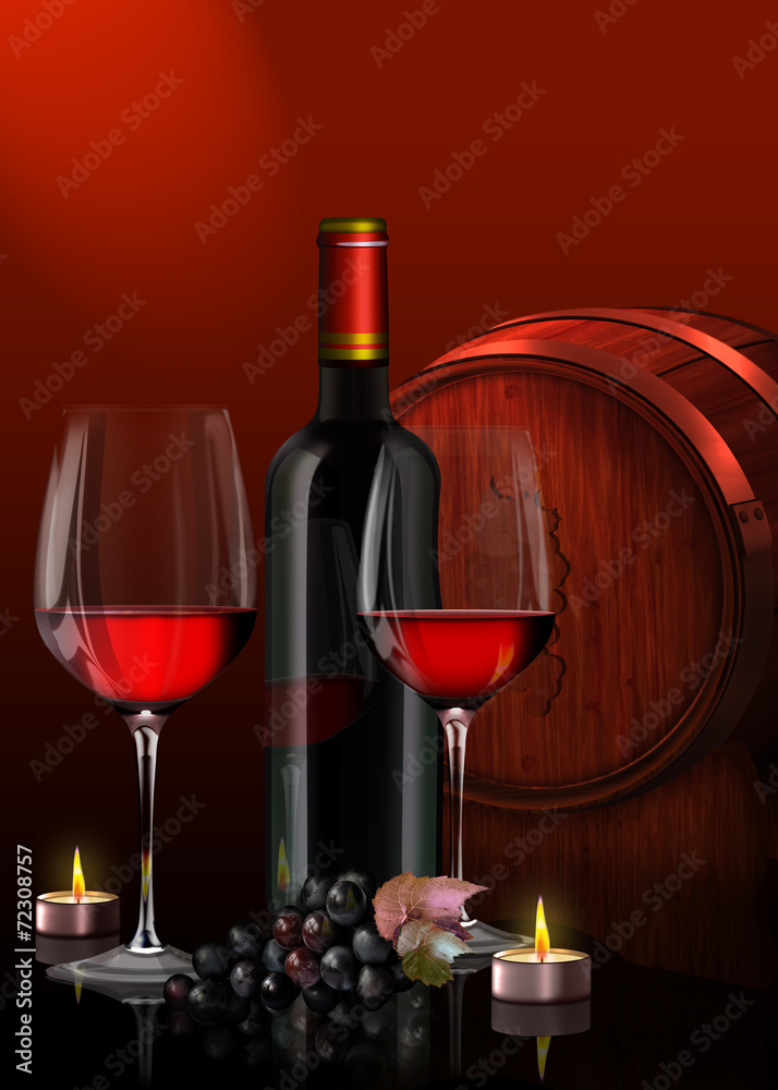 Zwei Rotweingläser mit Rotweinflasche, Weintrauben auf scharzen