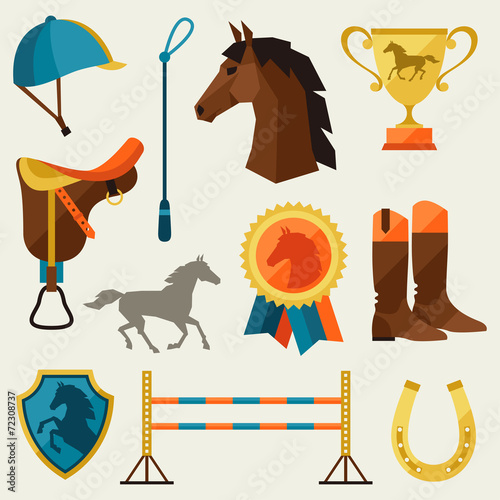 Icon set with horse equipment in flat style.