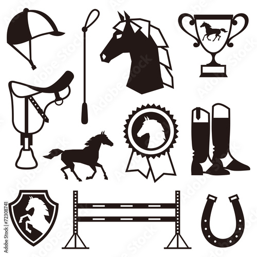 Icon set with horse equipment in flat style.