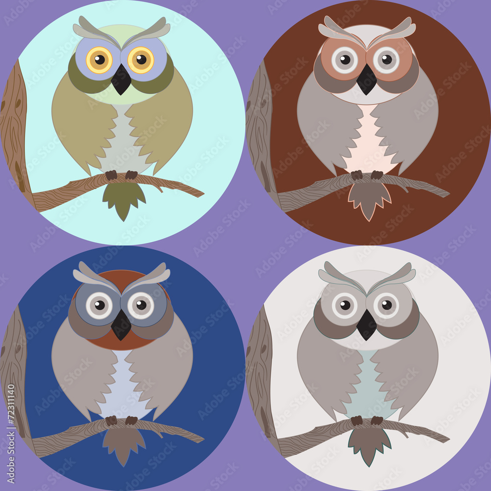 Fototapeta premium 4 picture Wise owls sitting lonely on the tree