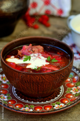 borsch, traditional Ukrainian beet and sour cream soup